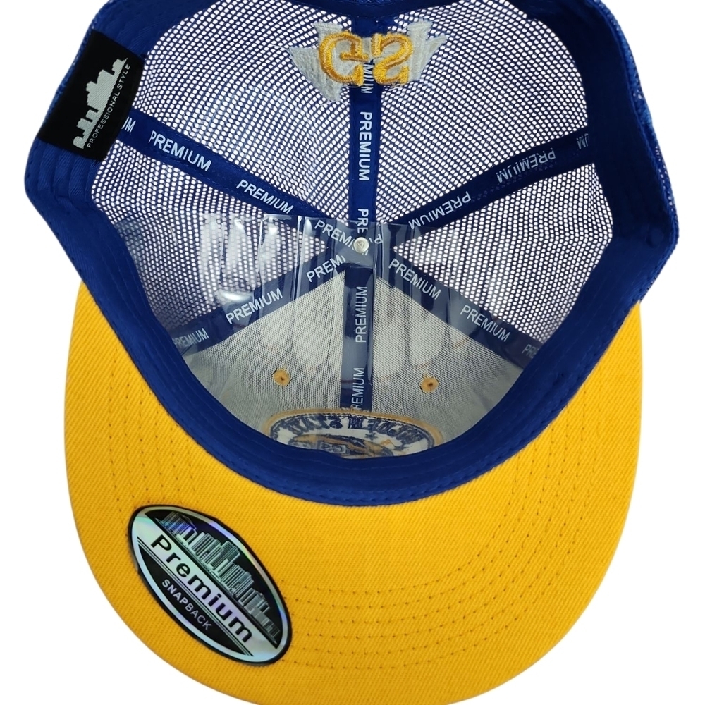 Golden State Blue And Yellow Snapback Hat Mesh Trucker Cap With Basketball Logo - Picture 7 of 7